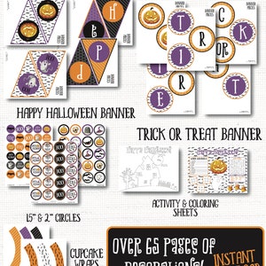 May include: Printable Halloween party decorations, including banners, cupcake wrappers, activity sheets, and circles. The decorations feature orange, black, purple, and white colors with a Halloween theme.  The text "Over 65 pages of decorations! Instant Download" is included in the image.