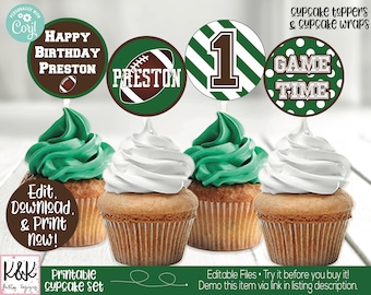 May include: Printable cupcake toppers and wrappers featuring a football, number one, and "Game Time" text in green and brown. The toppers are perfect for a football-themed birthday party.