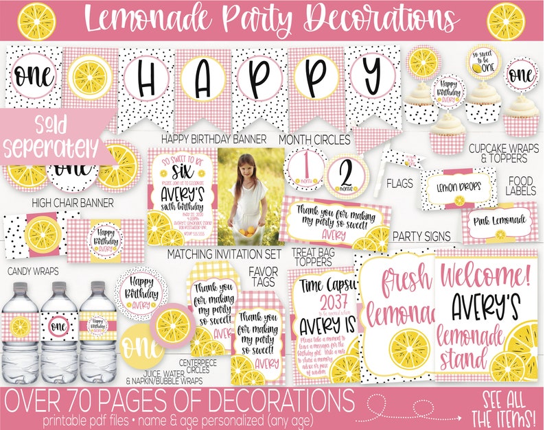 May include: A set of printable party decorations for a lemonade themed birthday party. The decorations feature a pink and white gingham pattern with black polka dots and yellow lemons. The text "Lemonade Party Decorations" is at the top of the image. The text "Happy Birthday Banner" is in the center of the image. The text "Avery's Lemonade Stand" is in the bottom right corner of the image.