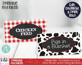Farm Food Labels, Barnyard Food Labels, Farm Buffet Cards, Farm Birthday Party Decorations, Barnyard Birthday Party Decorations, Printable