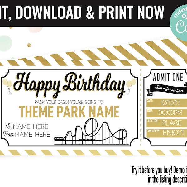 Birthday Surprise Theme Park Ticket Gift Voucher, Amusement Park Printable Template Gift Card, Editable Instant Download Certificate