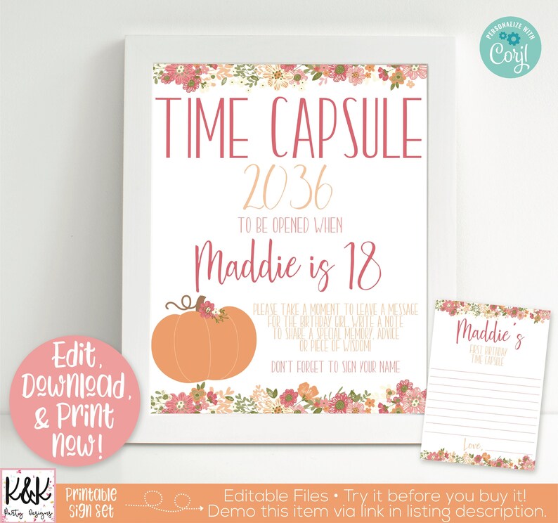Op de afbeelding: Printbare tijdcapsule-tekenset met een pompoen- en bloemendesign. Het bord zegt "Tijdcapsule 2036 Te openen wanneer Maddie 18 is".