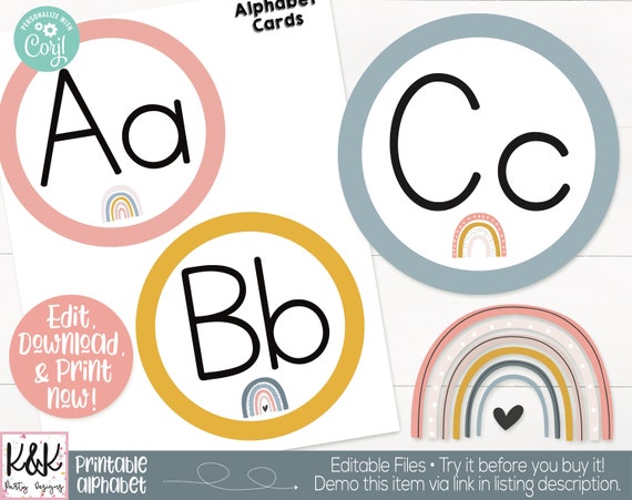 Boho Rainbow Theme Classroom Alphabet Banner Printable, Teacher Supply, Classroom Teacher Decoration and Supplies, Alphabet Wall Poster Card Il_570xn