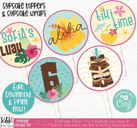 Luau Party Cupcake Toppers Luau Birthday Cupcake Toppers Luau