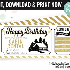 Birthday Surprise Cabin Rental Trip Gift Voucher, Cabin Rent Trip Printable Template Gift Card, Editable Instant Download Gift Certificate