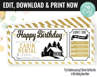 Birthday Surprise Cabin Rental Trip Gift Voucher, Cabin Rent Trip