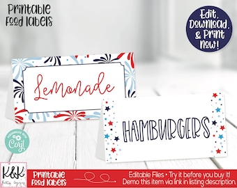 Puede incluir: Etiquetas de alimentos imprimibles con un diseño de fuegos artificiales rojo, blanco y azul. Las etiquetas dicen "Lemonade" y "Hamburgers".
