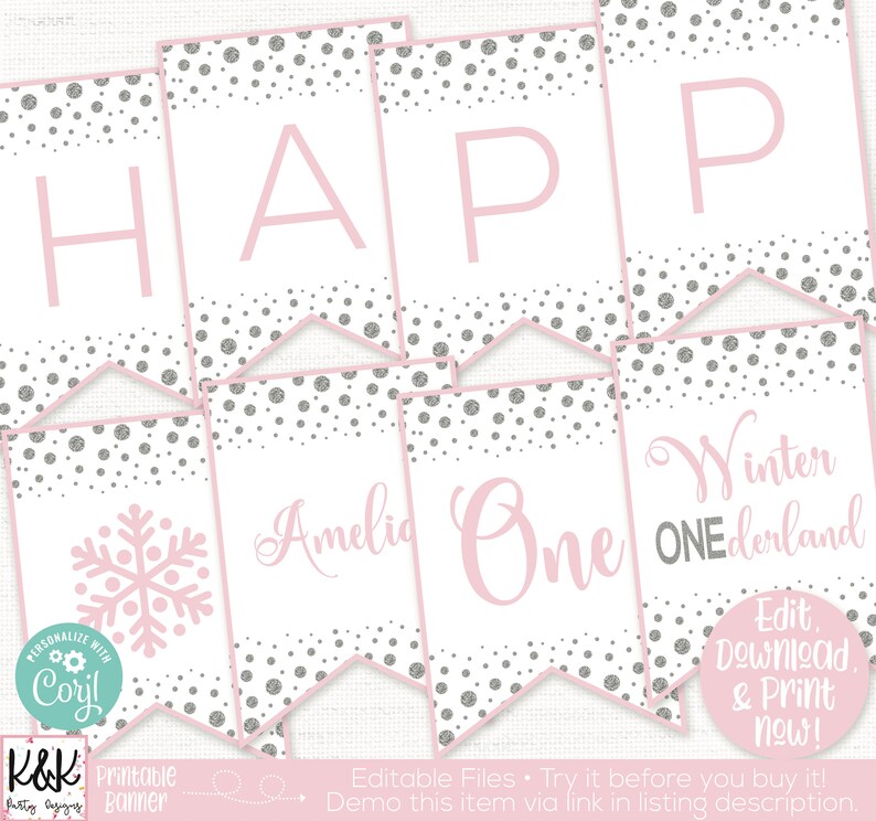 May include: Printable banner with a pink and silver snowflake design. The banner says "Happy Amelia One Winter Wonderland".