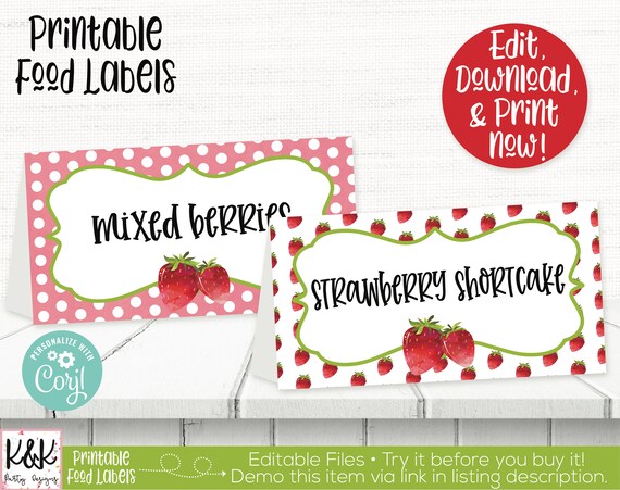 Strawberry Food Labels, Strawberry Birthday Party Decorations, Berry Sweet To Be, Strawberry Place Cards, Strawberry Buffet Cards, Editable Il_570xn