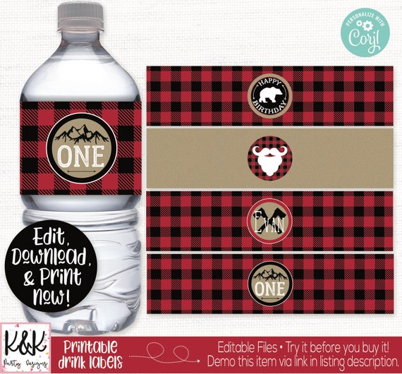 Lumberjack Water Bottle Labels, Lumberjack Drink Labels, Lumberjack Birthday Party Decorations, Boys 1st Birthday, First Birthday, Beard Il_570xn