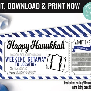 May include: A printable blue and white striped ticket with the text "Happy Hanukkah" and "Weekend Getaway to Location". The ticket is designed to look like an airline ticket with a suitcase icon and a section for trip information.