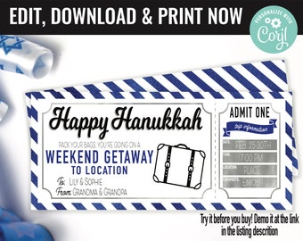 Hanukkah Surprise Weekend Getaway Gift Voucher, Weekend Getaway Trip Printable Template Gift Card, Editable Instant Download Gift Certifica