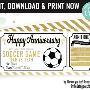 Anniversary Surprise Soccer Game Ticket Gift Voucher, Soccer Game Printable Template Gift Card, Editable Instant Download Gift Certificate
