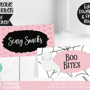 Puede incluir: Etiquetas de comida imprimibles para Halloween con dise&ntilde;os en rosa y negro. Las etiquetas muestran el texto "Scary Snacks" y "Boo Bites".