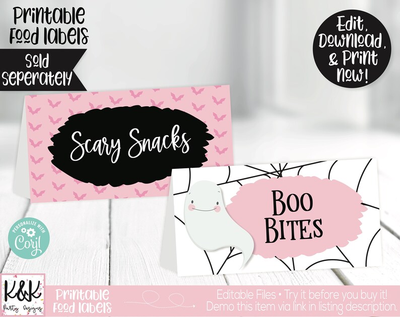 Puede incluir: Etiquetas de comida imprimibles para Halloween con dise&ntilde;os en rosa y negro. Las etiquetas muestran el texto "Scary Snacks" y "Boo Bites".