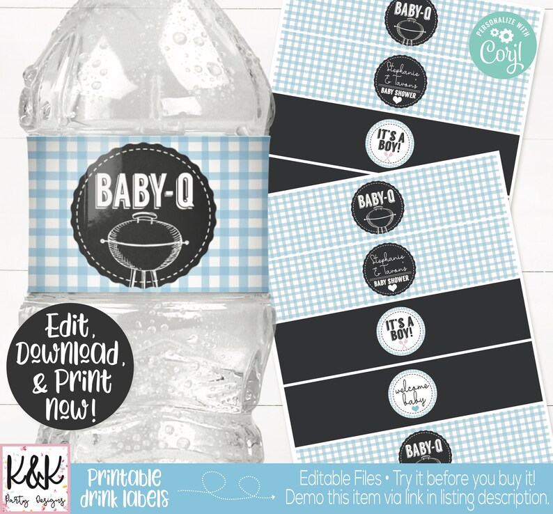 May include: Printable water bottle labels with a blue and white gingham pattern. The labels feature a black circle with the text "BABY-Q" and a grill graphic. The labels also include the text "It's a Boy!" and "Welcome Baby".