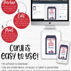 May include: A digital design template for a thank you tag featuring a red, white and blue train theme. The tag reads "Thank You for Coming Aboard" with the name "Brodie" in a red banner. The design is displayed on a computer screen, a tablet and a smartphone.