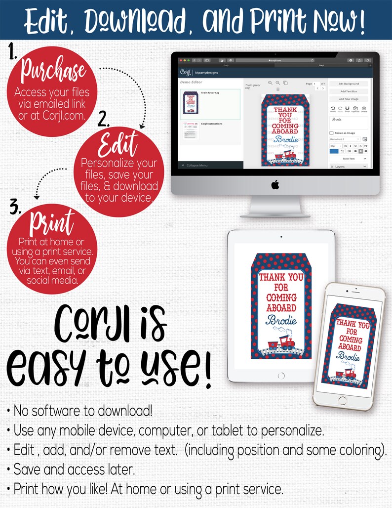 May include: A digital design template for a thank you tag featuring a red, white and blue train theme. The tag reads "Thank You for Coming Aboard" with the name "Brodie" in a red banner. The design is displayed on a computer screen, a tablet and a smartphone.