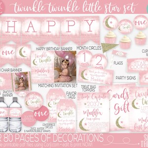 May include: Pink and gold twinkle twinkle little star first birthday party decorations printable set. Includes banners, cupcake wrappers, food labels, party signs, and more. Over 80 pages of decorations.