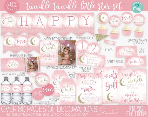 Editable Twinkle Twinkle Little Star Birthday Party Decorations and Invitation, Girls First Birthday, 1st Birthday, Gold Pink Decorations Il_570xn