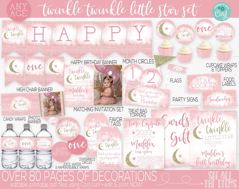 May include: Pink and gold twinkle twinkle little star first birthday party decorations printable set. Includes banners, cupcake wrappers, food labels, party signs, and more. Over 80 pages of decorations.