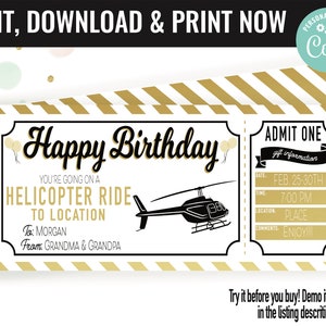 Birthday Surprise Helicopter Ride Gift Voucher, Helicopter Trip Printable Template Gift Card, Editable Instant Download Gift Certificate