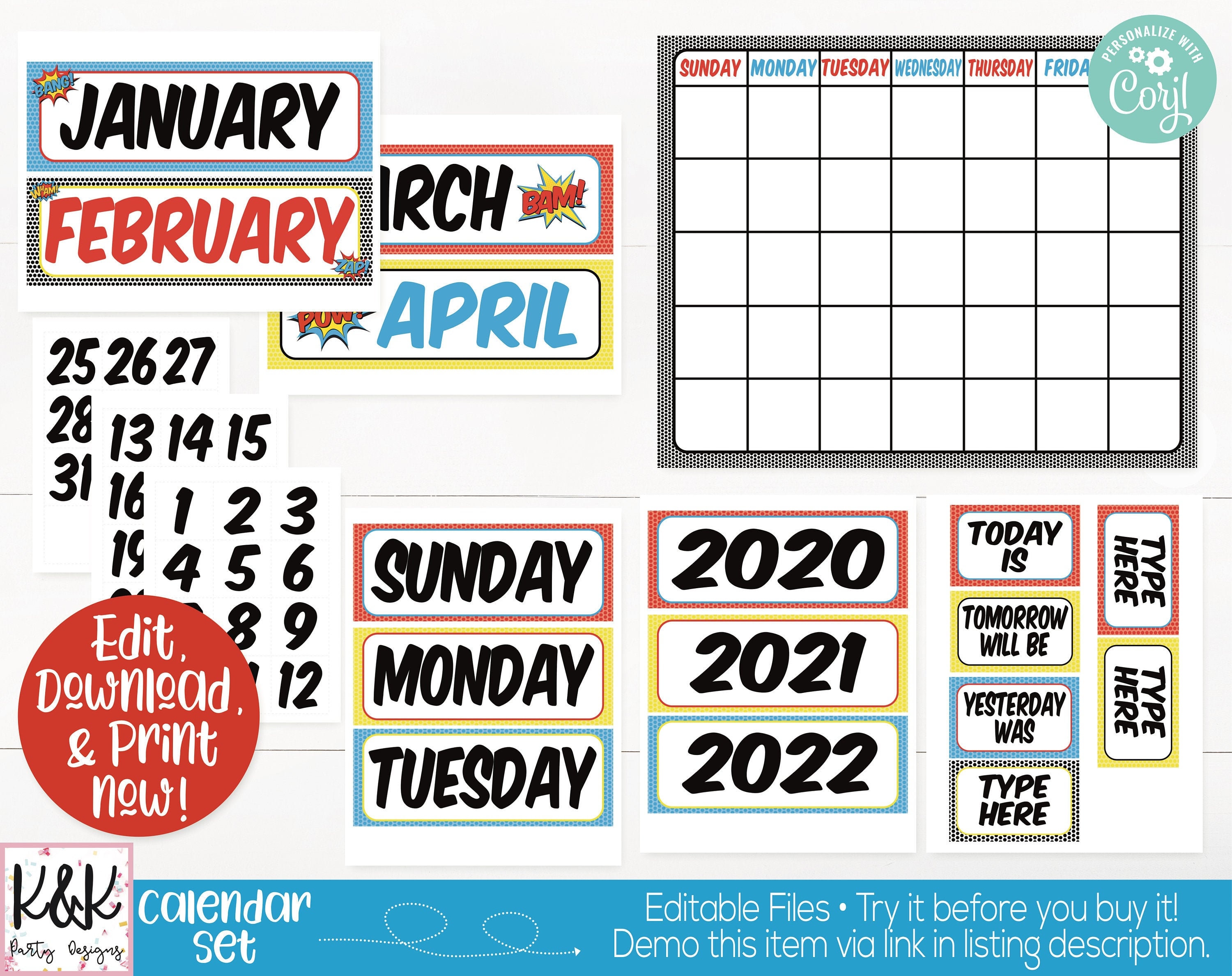 Superhero Classroom Calendar Set Printable Superhero Theme Etsy