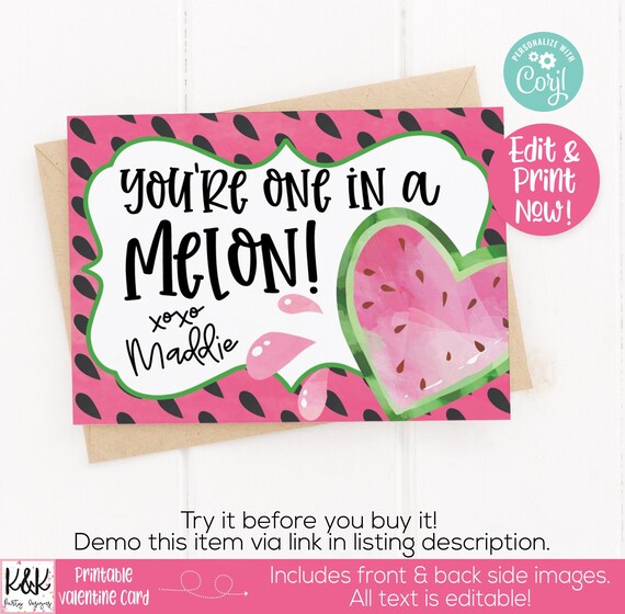 Watermelon Printable Valentine Card, Kids Valentines Day Card, School Valentine Exchange, Class Valentine, Preschool, One in a Melon Valenti Il_570xn