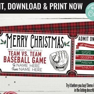 Christmas Baseball Ticket Surprise Gift Voucher, Baseballl Game Surprise Printable Gift Card Editable Instant Download Certificate