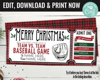 Pode incluir: Um bilhete xadrez vermelho e verde com o texto "Feliz Natal" e "Admitir um". O bilhete é para um jogo de beisebol entre duas equipas. A data é 12/12/12, a hora é 00:00PM, e a localização é Arena. O bilhete também inclui o texto "Pegue seu uniforme, você vai para... Jogo de beisebol entre duas equipas".