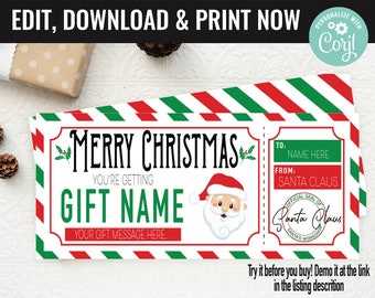 Christmas Surprise Santa Ticket Gift Voucher, Surprise Santa Gift Printable Template Gift Card, Editable Instant Download Gift Certificate