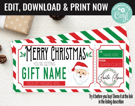 Christmas Surprise Santa Ticket Gift Voucher, Surprise Santa Gift Printable Template Gift Card, Editable Instant Download Gift Certificate Il_570xn