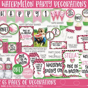 May include: Watermelon party decorations printable set with over 65 pages of designs. Includes a happy birthday banner, name banner, cupcake wrappers, food labels, treat bag toppers, and more. The theme is "One in a Melon" with watermelon and green stripes.