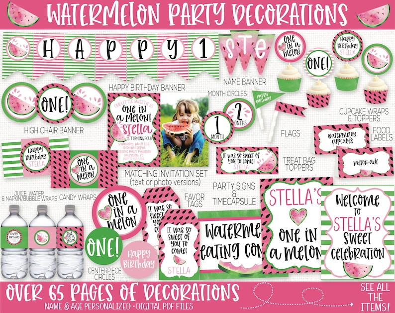 May include: Watermelon party decorations printable set with over 65 pages of designs. Includes a happy birthday banner, name banner, cupcake wrappers, food labels, treat bag toppers, and more. The theme is "One in a Melon" with watermelon and green stripes.