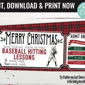 Christmas Baseball Lessons Surprise Gift Voucher, Hitting Lesson Surprise Printable Template Gift Card, Editable Instant Download Certificat