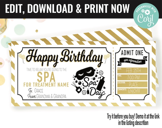 Birthday Surprise Spa Treatment Trip Gift Voucher, Spa Trip Gift Printable Template Gift Card, Editable Instant Download Gift Certificate Il_570xn