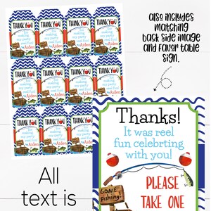 May include: Printable thank you tags with a fishing theme. The tags are blue and white with a red and white fishing bobber, a fishing rod, and a boat. The text on the tags says "Thank You for making my party reel fun! Aiden".