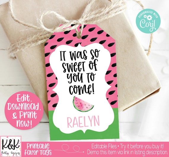 Watermelon Favor Tag, One in a Melon, Watermelon Party Favor, Watermelon Thank You Tag, Watermelon Favor Label, Girls Summer Birthday, 1st Il_570xn
