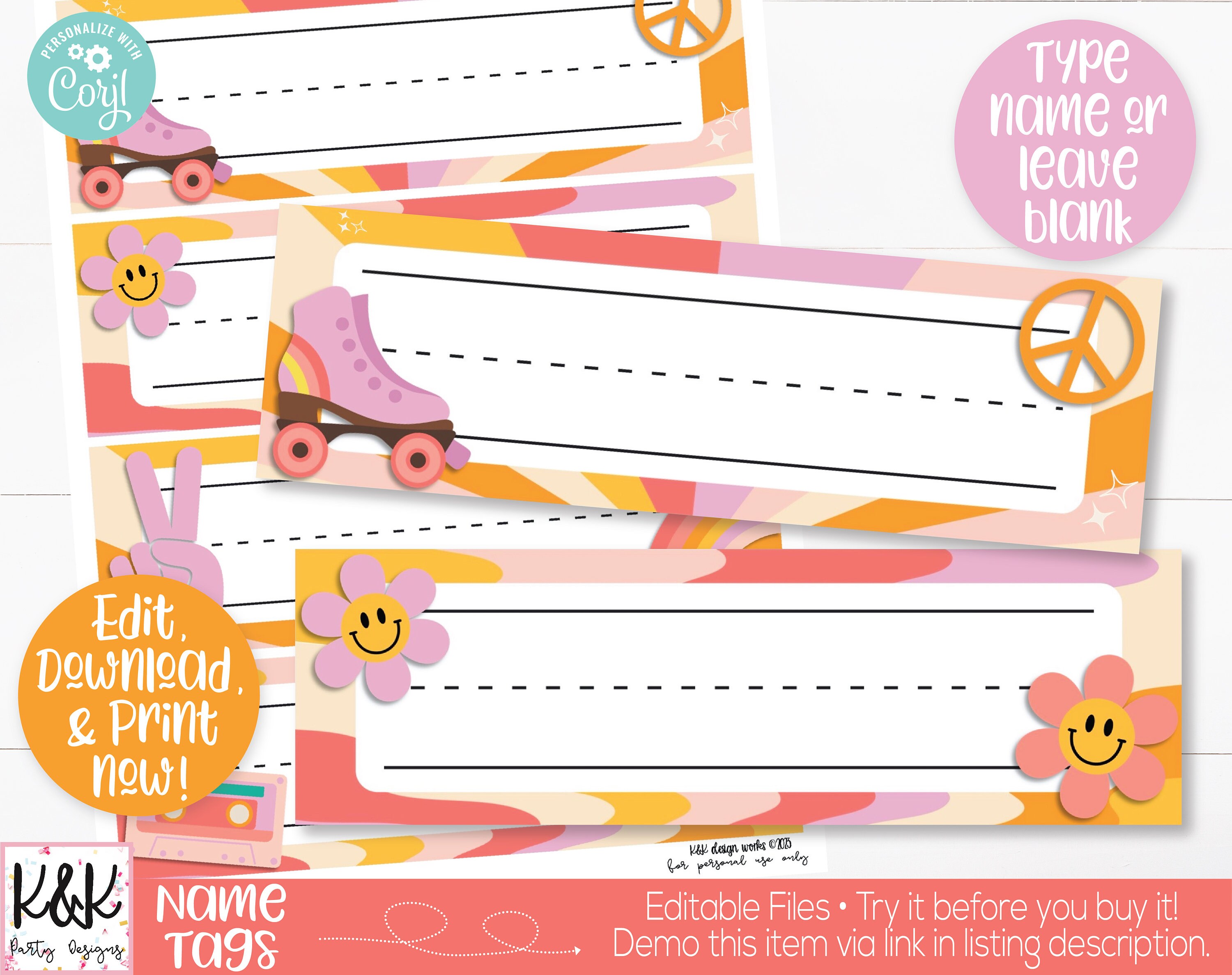 Retro Groovy Theme Classroom Desk Name Tags Printable, Teacher Supply ...