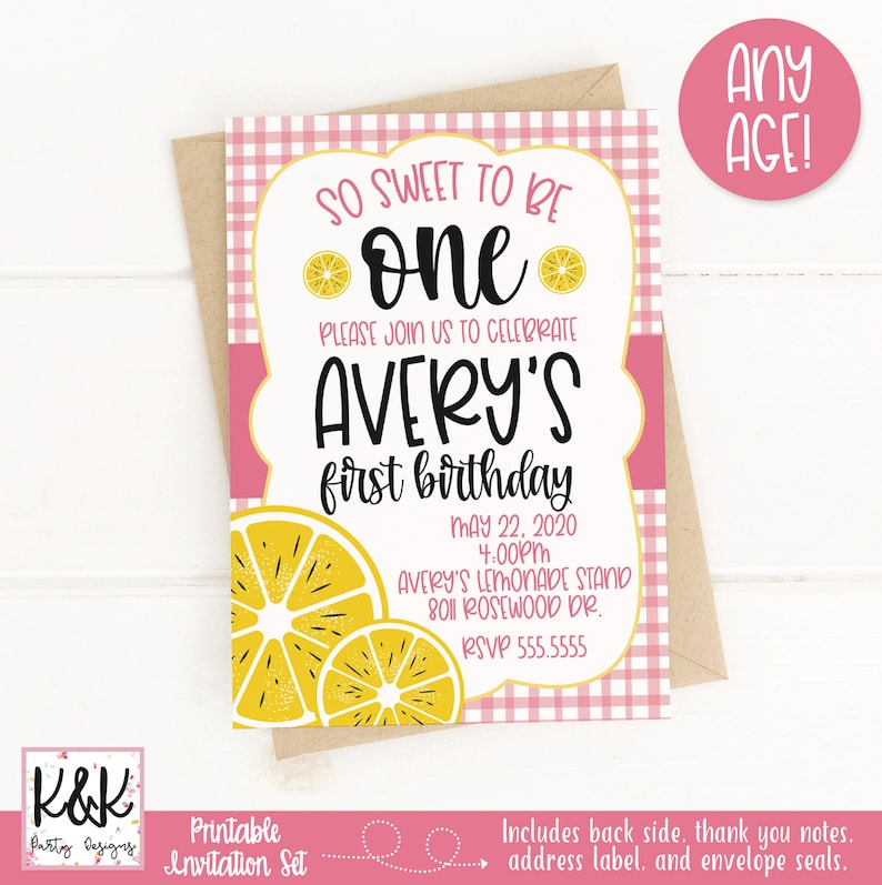 May include: Printable invitation set for a first birthday party with a lemonade theme. The invitation features a pink and white gingham background with lemons and the text "So Sweet to Be One". The invitation also includes the child's name, Avery, and the date and time of the party.