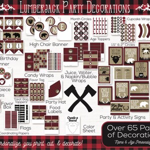 May include: A printable set of over 65 pages of lumberjack party decorations. The set includes a variety of items, such as banners, cupcake wrappers, food labels, and party signs. The decorations feature a red and black buffalo plaid pattern, along with images of bears, axes, and beards.