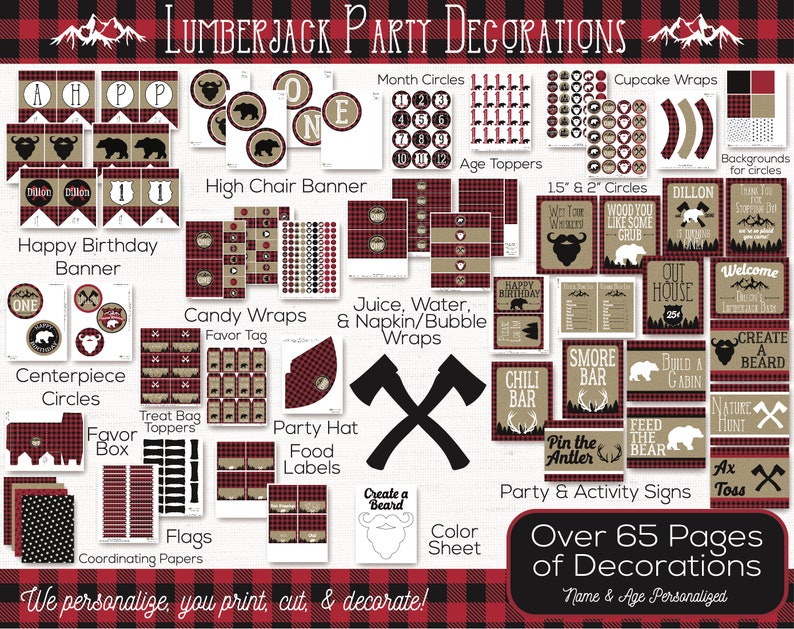 May include: A printable set of over 65 pages of lumberjack party decorations. The set includes a variety of items, such as banners, cupcake wrappers, food labels, and party signs. The decorations feature a red and black buffalo plaid pattern, along with images of bears, axes, and beards.