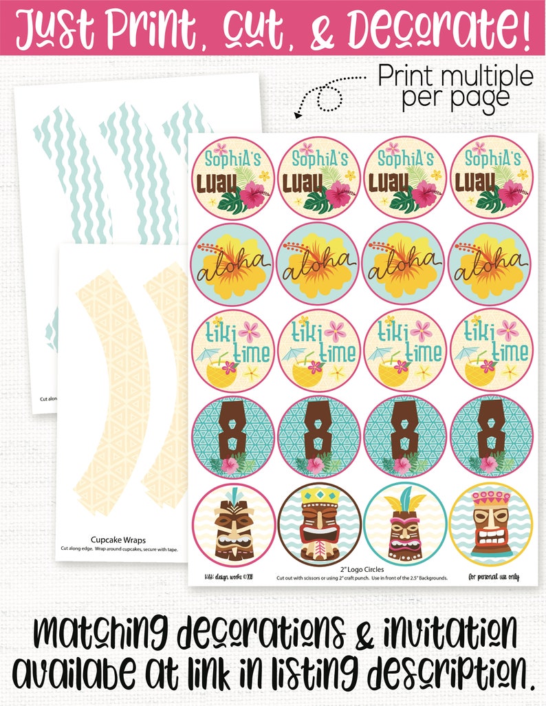 Luau Party Cupcake Toppers, Luau Birthday Cupcake Toppers, Luau Party Decorations, Tropical Party Decor, Luau Printable, Tiki Party, Hawaii Bild 4