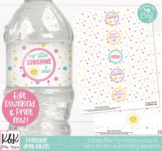 Sunshine Water Bottle Labels, Sunshine Drink Labels, Little Sunshine Birthday Party Decorations, You are my sunshine, Girls 1st Birthday Il_570xn