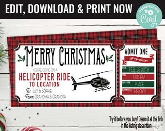 Christmas Surprise Helicopter Ride Gift Voucher, Helicopter Trip Printable Template Gift Card, Editable Instant Download Gift Certificate
