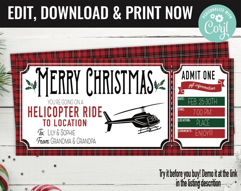 Christmas Surprise Helicopter Ride Gift Voucher, Helicopter Trip Printable Template Gift Card, Editable Instant Download Gift Certificate image 1