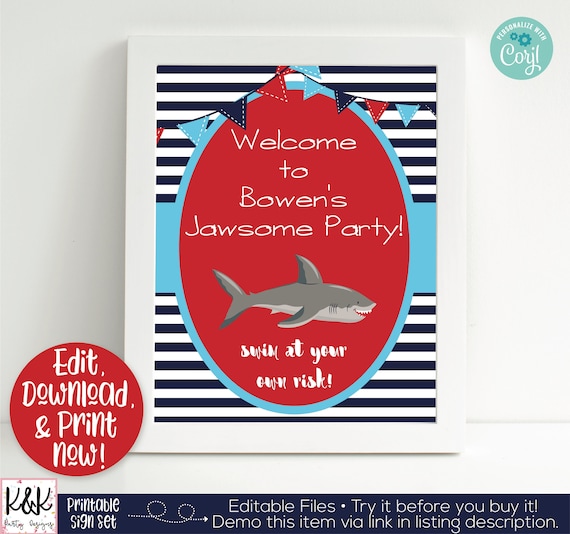 Shark Party Signs, Shark Welcome Sign, Shark Printable Sign, Shark Birthday Party Decorations, Shark 1st Birthday, First Birthday, Editable Il_570xn