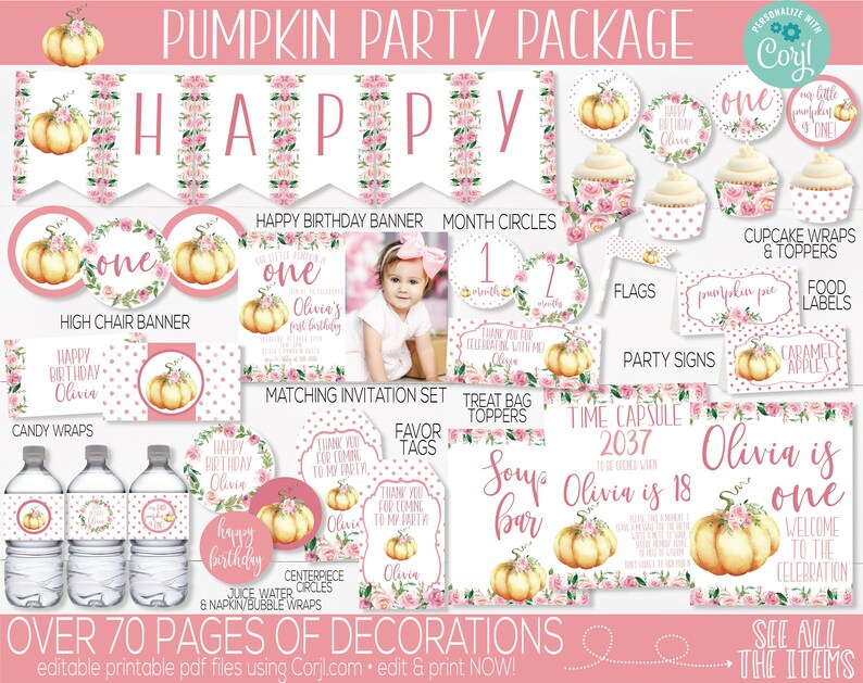 May include: A pink and white pumpkin-themed party decoration set. Includes a banner, cupcake toppers, water bottle labels, and more. The text includes "Happy Birthday Olivia" and "Olivia is one".