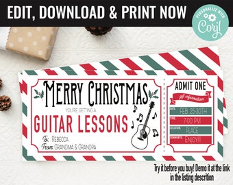 Christmas Surprise Guitar Music Lesson Gift Voucher, Guitar Lessons Printable Template Gift Card, Editable Instant Download Gift Certificate