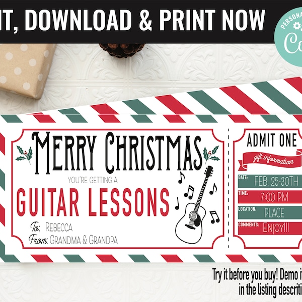 Christmas Surprise Guitar Music Lesson Gift Voucher, Guitar Lessons Printable Template Gift Card, Editable Instant Download Gift Certificate